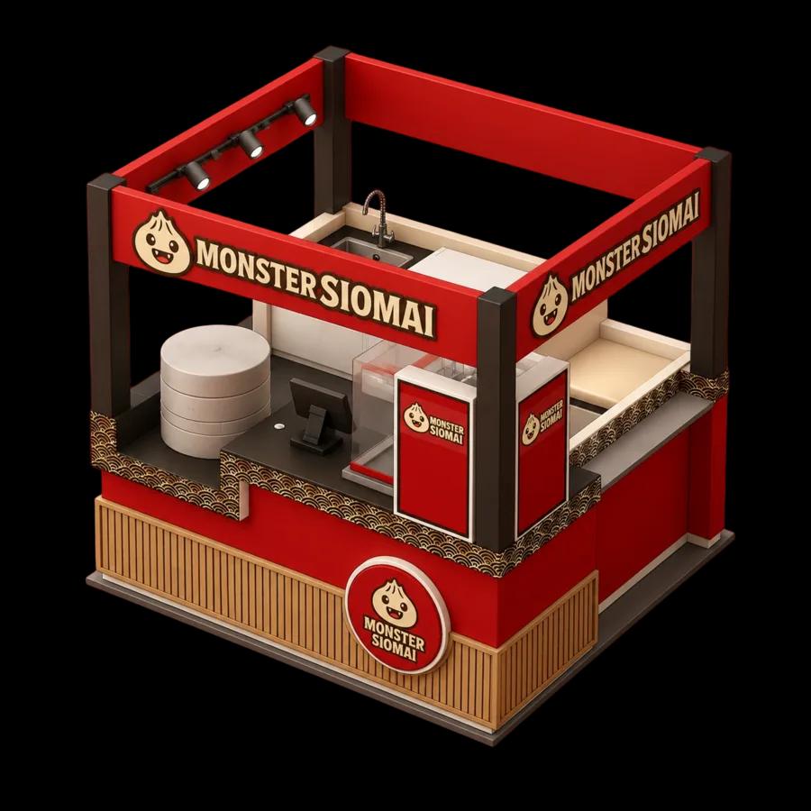 Isometric view ng Monster Siomai franchise stall — crimson cart na may signage at logo.